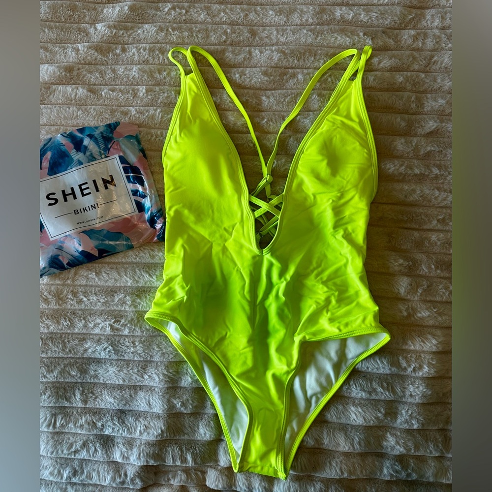 SHEIN Neon Lime Green Strappy One-Piece Swimsuit New in Bag